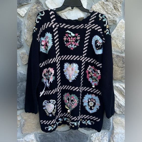 Vintage Womens Knit Sweater Sz L Beaded Embroidered Hearts Cottagecore Grandma - Picture 1 of 7